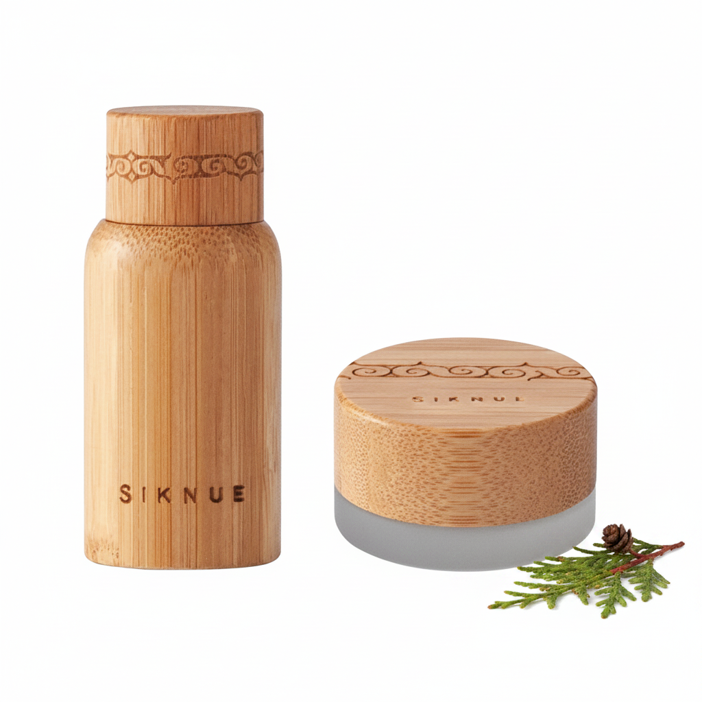 SIKNUE ソリッドパフューム＆ボディオイル ギフトセット WOOD 香り 竹製容器 アイヌ文様 白背景